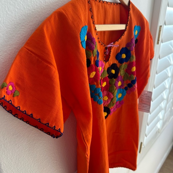 Embroidered Mexican Orange Blouse Top Embroidery 70’s Vibe Flower Power Small - Picture 6 of 7